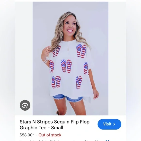 Fantastic Fawn Fourth of July stars & stripes sequins flip flops graphic tee s - Picture 2 of 9